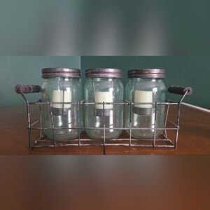 Set of Three Glass Mason Jars with Metal Holder